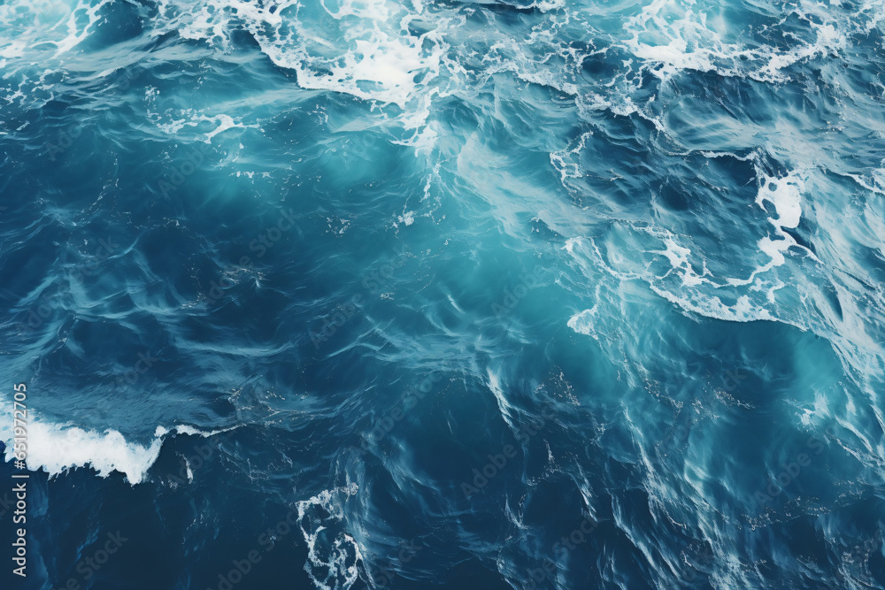 aerial perspective, the deep navy blue expanse of the ocean stretches out beneath, with white waves crashing and splashing against its surface.