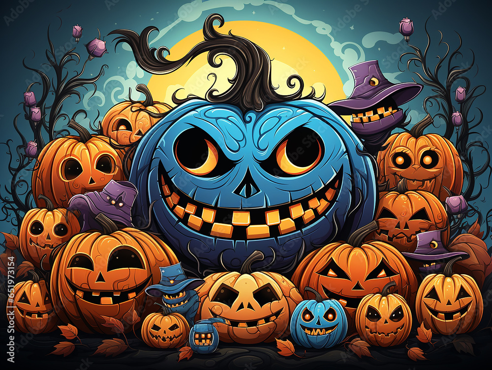 A group of pumpkins for Halloween against the background of the night sky with tree branches A group of pumpkins for Halloween against the background of the night sky with tree branches