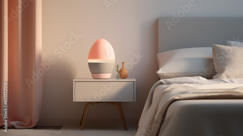 Cozy bedside table lamp near large bed in bedroom  cute room interior in light pastel colors. 