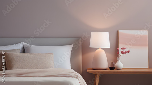Cozy bedside table lamp near large bed in bedroom, cute room interior in light pastel colors. 