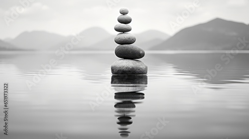Tranquil Equilibrium  Stones in Harmony  Black and White in Water.