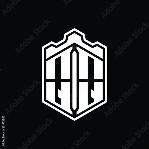 QQ Letter Logo monogram hexagon shield shape crown castle with outline style design