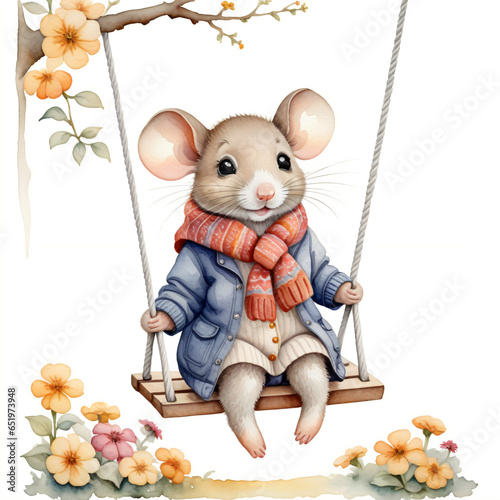 Watercolor painting of a mouse wearing a jacket and scarf, sitti photo