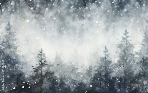Artistic winter forest at night in watercolor or ink painting style with trees cover under a dense snowfall.