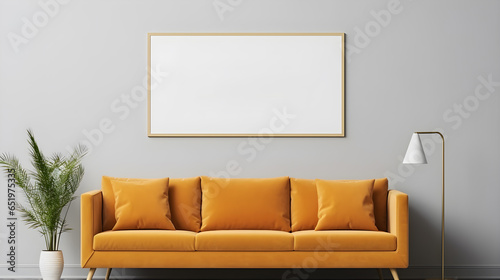 Blank horizontal poster frame mock up in living room interior, modern living room interior background photo