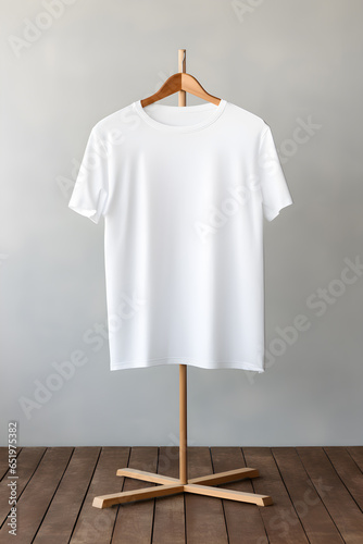 Obraz na płótnie White color Tshirt hangied on wooden piece against wall with wooden base