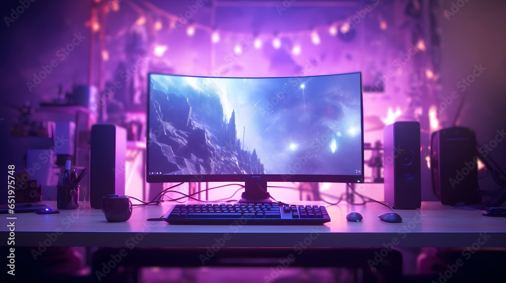 A gaming computer for e-sports in the near future. Room with purple neon lights. Generation AI. - obrazy, fototapety, plakaty 
