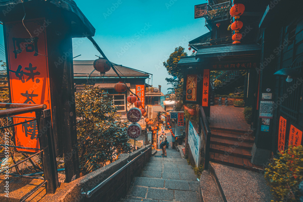 Naklejka premium Jiufen, Taiwan - April,7 2019 : A Mei Tea House, a famous tourist attraction from a well-known animation, is located on Jiufen Old Street in Taiwan.