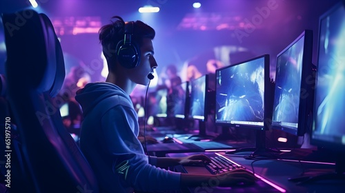 A professional esports player is playing an online game at an esports venue. Generative AI