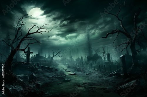 Creepy landscape with full moon over the spruce trees of mystery night forest. Halloween backdrop