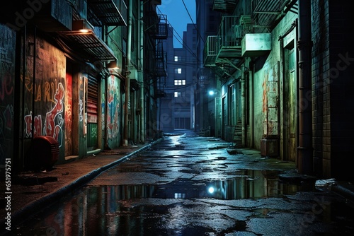 Dark downtown back alley at night after raining. Urban back street with atmospheric lighting  and soggy street. Inner city dark alleyway. Urban decay and weathered architecture. Generative AI