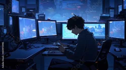 Anime boy editor is editing the video at the computer. Generation AI.