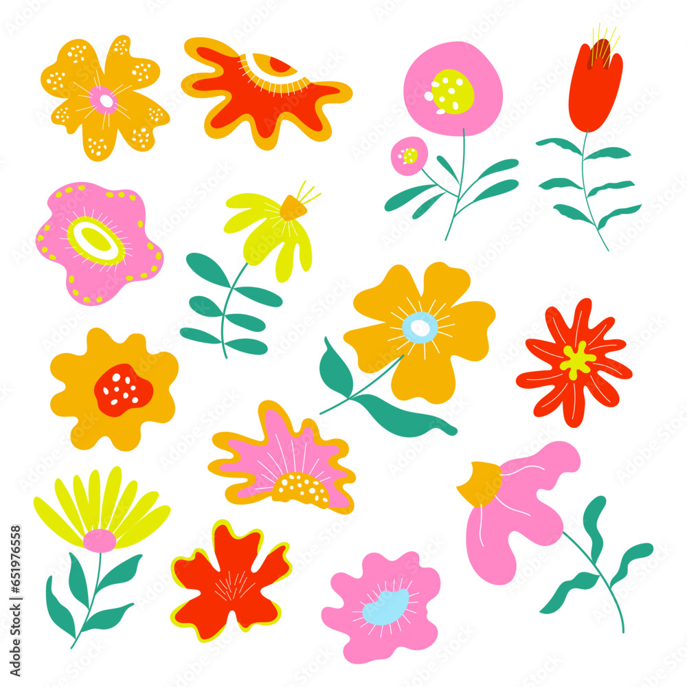 Colourful hand drawn abstract flowers set.