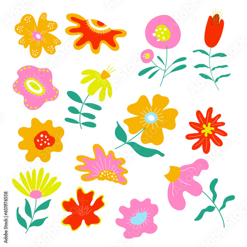 Colourful hand drawn abstract flowers set.