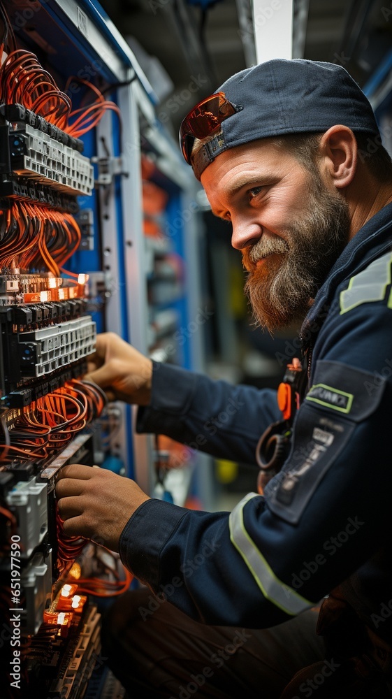 Obraz premium Man performing electrical repair at a switchboard with fuses.