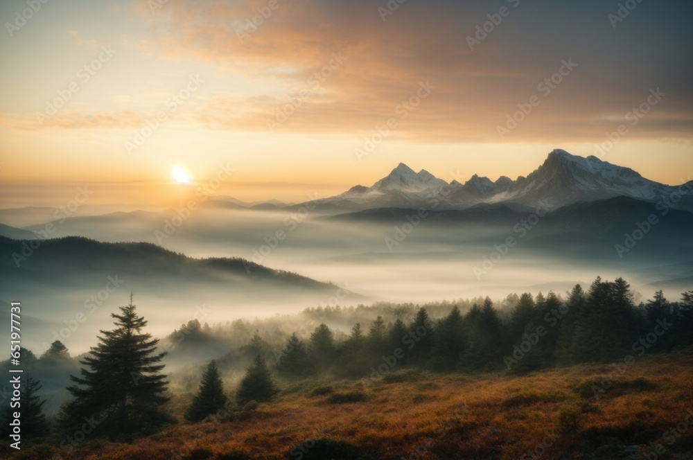 A Foggy Sunrise Landscape of Mountains and Trees