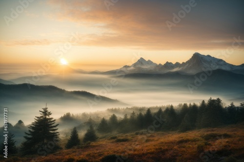 A Foggy Sunrise Landscape of Mountains and Trees © SageCreations