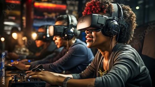 Black woman using virtual reality headset to play video games in living room with mixed-race group of people watching,.