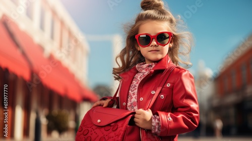 Portrait of a fashionable little girl in a pink jacket, stylish glasses and bag