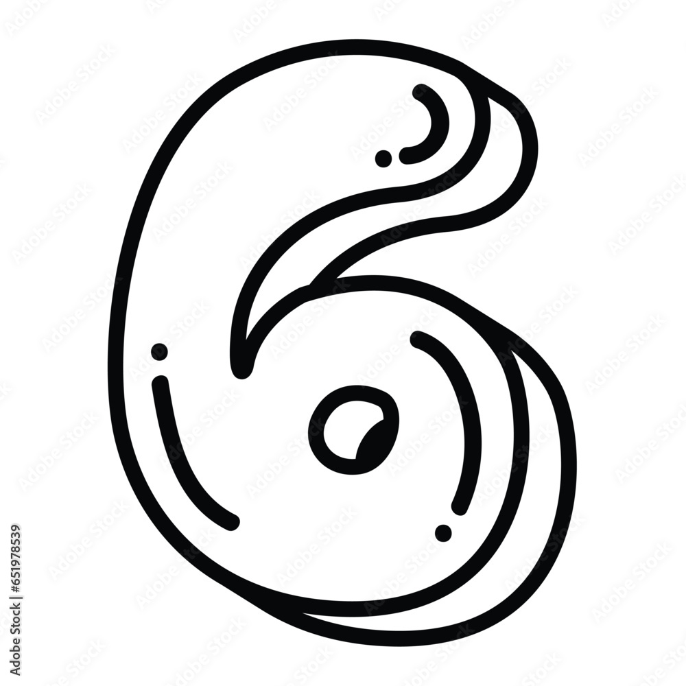 Cute funny number 6 vector illustration, funny cartoon number six font in line art style Cute funny number 6 vector illustration, funny cartoon number six font in line art style