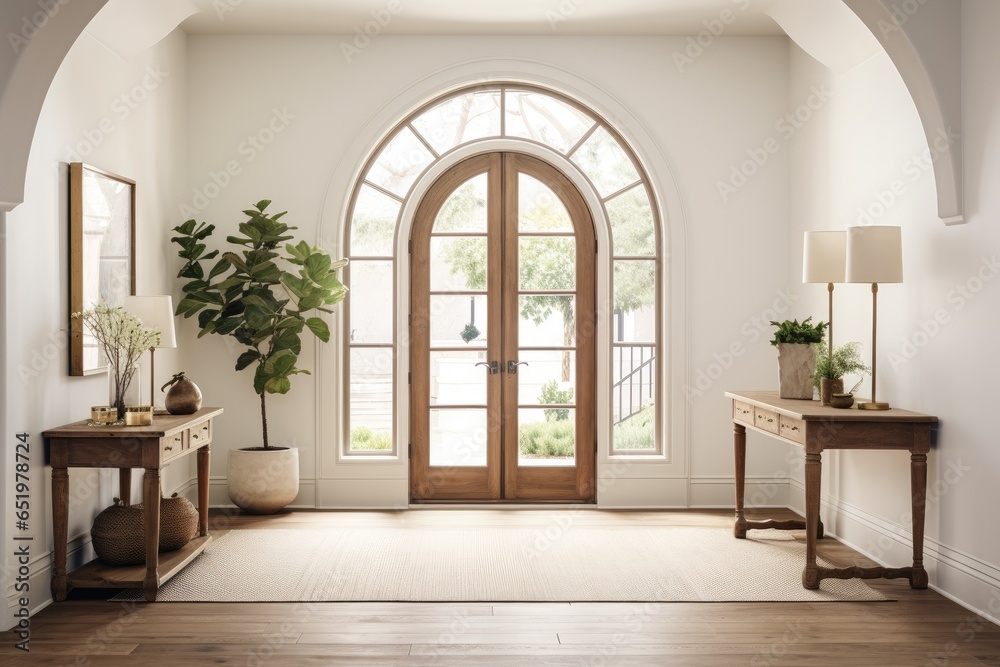 Fototapeta premium Luxury Minimalist Home Interior with Modern Architecture and Spacious Entrance. Arch Doorway and With Elegant Flooring