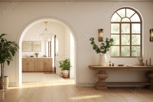Spacious and Luxurious Home with Architectural Arches and Abundant Natural Light. Doorway Looking Into Kitchen Interior with Large Organic Wood Console Table © Bryan