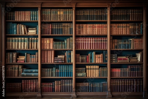 Glimpse into history. Aged literature on antique wooden shelves. Library of knowledge. Rows of vintage books await curious minds. Art of learning. Archive of old book in scholarly haven