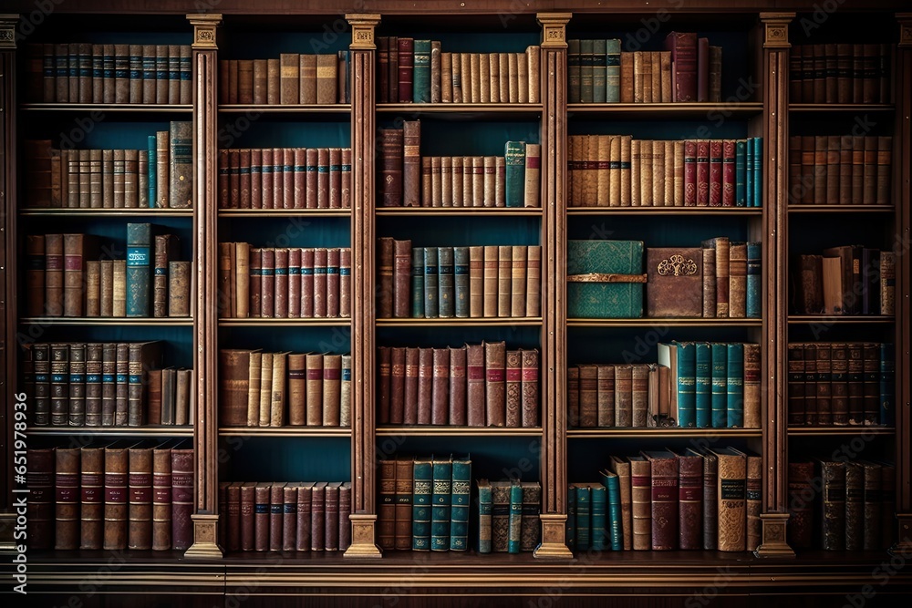 Glimpse into history. Aged literature on antique wooden shelves. Library of knowledge. Rows of vintage books await curious minds. Art of learning. Archive of old book in scholarly haven Glimpse into history. Aged literature on antique wooden shelves. Library of knowledge. Rows of vintage books await curious minds. Art of learning. Archive of old book in scholarly haven