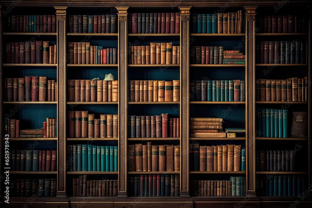 Glimpse into history. Aged literature on antique wooden shelves. Library of knowledge. Rows of vintage books await curious minds. Art of learning. Archive of old book in scholarly haven Glimpse into history. Aged literature on antique wooden shelves. Library of knowledge. Rows of vintage books await curious minds. Art of learning. Archive of old book in scholarly haven