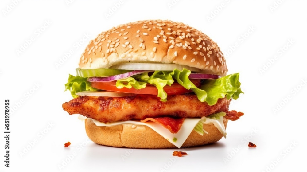 Chicken ham burger on white background.Generative AI Chicken ham burger on white background.Generative AI
