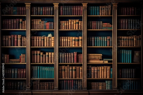 Glimpse into history. Aged literature on antique wooden shelves. Library of knowledge. Rows of vintage books await curious minds. Art of learning. Archive of old book in scholarly haven