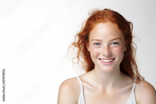 Close up portrait of an attractive excited young woman with long red hair standing isolated over white background, grimacing