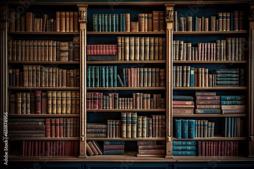 Glimpse into history. Aged literature on antique wooden shelves. Library of knowledge. Rows of vintage books await curious minds. Art of learning. Archive of old book in scholarly haven photo