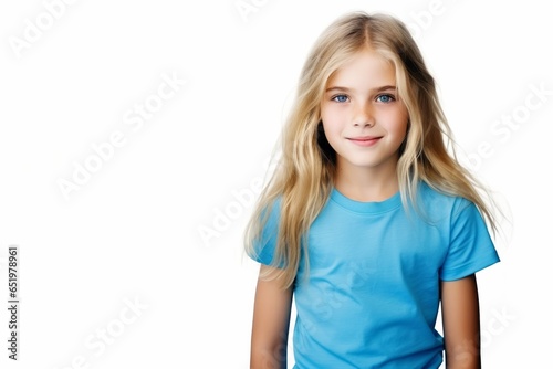 little caucasian kid girl wearing blue t-shirt over white background looking confident at the camera smiling