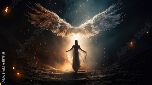 Angel, the messenger of God. Woman spreading her arms under wings with a night sky background