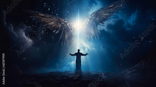Angel, the messenger of God. Man spreading his arms under wings with a night sky background photo