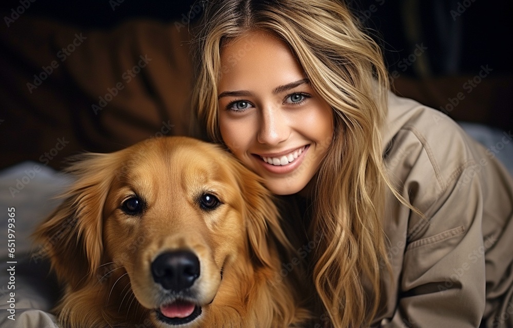 young girl sitting on the floor with a golden retriever while wearing casual clothing.