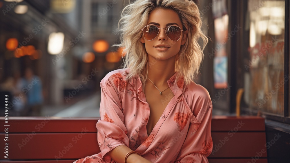 Young, pretty, and fashionable blonde woman wearing sunglasses and a dress from the summer fashion season. - obrazy, fototapety, plakaty 