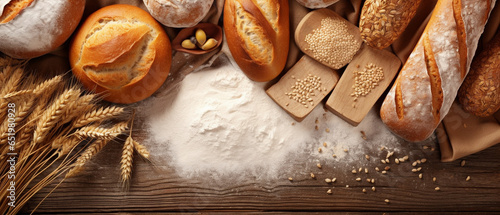 Assortiment de pain, blé, graine et farine sur du bois  photo