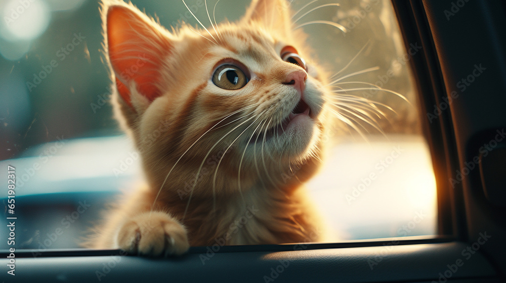 closeup of cat looking out of car window, with generative ai