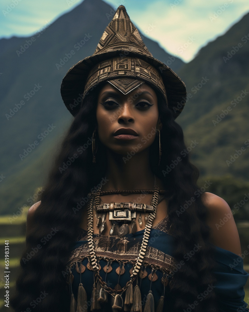 Frau in traditioneller Kleidung am Machu Picchu in Peru
 - obrazy, fototapety, plakaty 