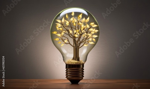 Incandescent lamp with green leaves and a tree inside, on a gray background