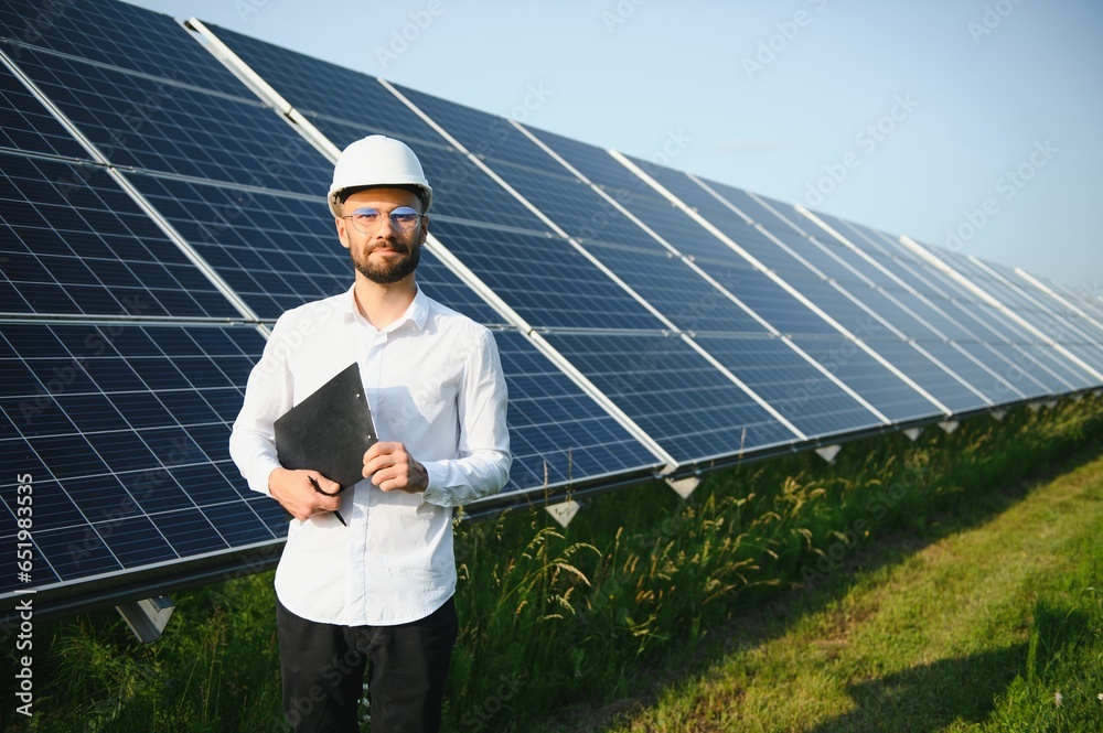 Positive bearded male investor standing against photovoltaic panels producing alternative energy.