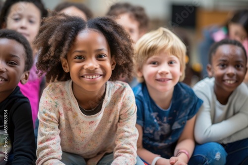 A group of smiling mixed-race children in a classroom setting