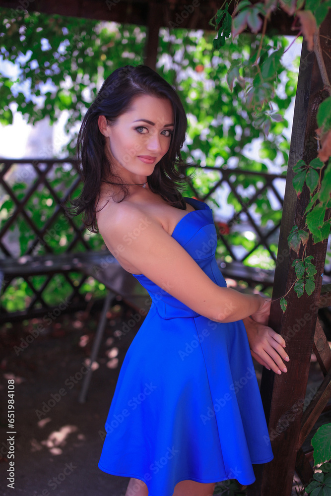 beautiful fashionable brunette woman adult posing in the park on the plants backgraund in blue dress beautiful fashionable brunette woman adult posing in the park on the plants backgraund in blue dress