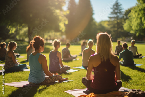 Healthy lifestyle, states of mind concept. Men and women doing yoga in park during sunny and warm summer day, morning or evening. Generative AI
