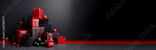 Pile of black and red gift boxes with bows on black backround. AI generated