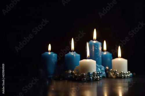 Religion image of jewish holiday Hanukkah with burning candles. AI generated
