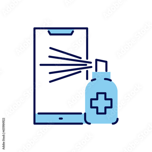Smartphone disinfection related vector icon. Alcohol Disinfector sprays aerosol onto smartphone screen. Disinfection sign. Isolated on white background. Editable vector illustration
