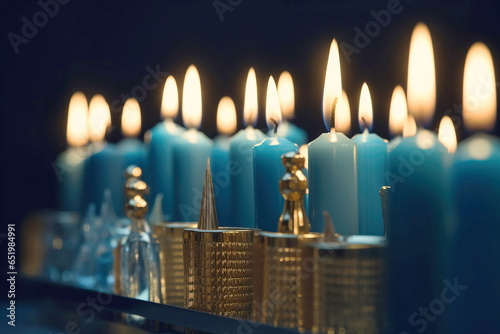 Religion image of jewish holiday Hanukkah with burning candles. AI generated